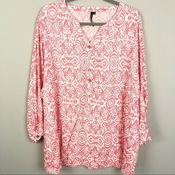 CATHY WOMAN | Tribal Print Blouse Pink White Women’s Plus Size 3X - Picture 1 of 7